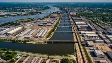 Obraz premium Aerial view of city and river in industrial area 