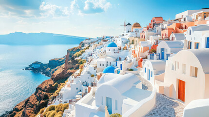 Obraz premium Tourism in Greece: Discovering Santoriniâ€™s white-washed buildings,