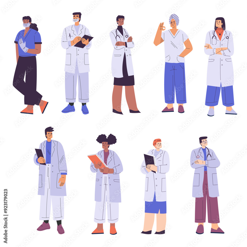 Wall mural multiethnic doctor man and woman character working in hospital vector set