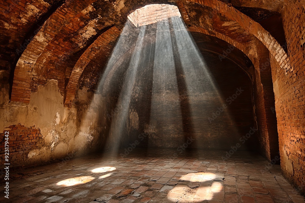 Poster light beams streaming through a skylight in an old brickroom with textured walls during daytime. gen