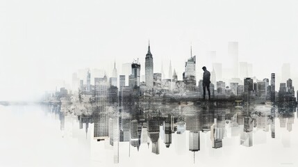 Fototapeta premium A city skyline is reflected in the water