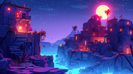 Game level background with platforms and abandoned building. Vector cartoon landscape of a moonlit night with rocks and trees in Fortnite style