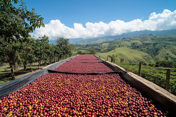 The process of drying various coffee beans on a farm in Africa.