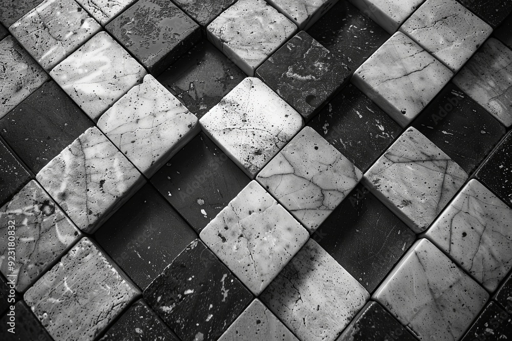 Poster a close-up of a textured black and white tile arrangement showcasing intricate patterns and natural 