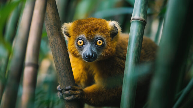 Curious Red-fronted Lemur: A close-up portrait of a red-fronted lemur, its striking orange fur and inquisitive gaze captivating as it peers through a dense bamboo forest.