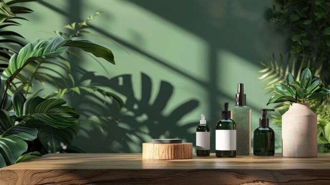 A table with a variety of green bottles and vases