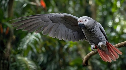 Obraz premium African grey parrot in flight, close-up in tropical rainforest