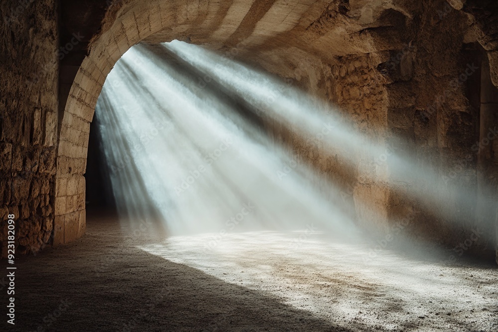 Poster sunlight beams filtering through an ancient stone archway in a dimly lit underground chamber. genera