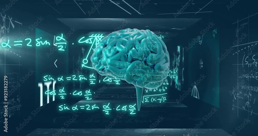 Poster brain with mathematical equations and formulas animation over dark background