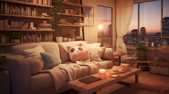 Cozy Living room in the anime style.
