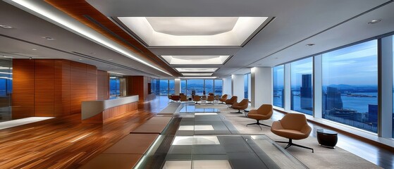 Modern office interior showcasing panoramic views, sleek design, and stylish furnishings in a prestigious high-rise setting.