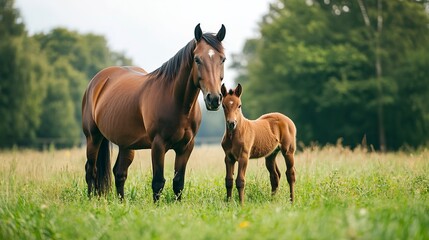 Fototapeta premium Two horses and foal in field