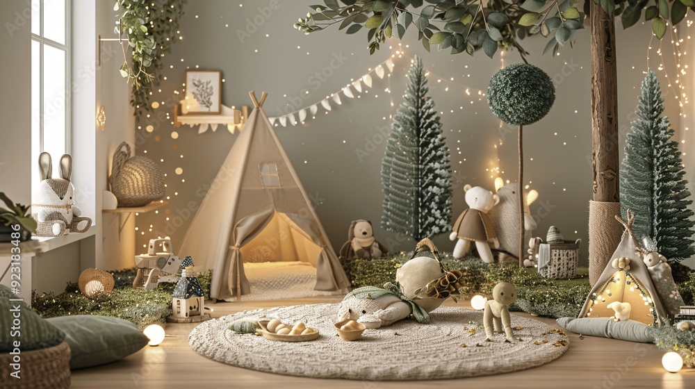 Aufkleber serene woodland scene with soft dappled light filtering through the canopy, creating a warm glow.