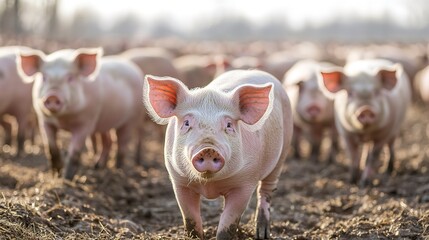 Many adult pigs at a pig farm Livestock breeding Meat industry and agriculture. with copy space image. Place for adding text or design