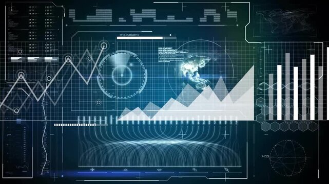 Analyzing financial data with animated graphs and charts on futuristic digital interface