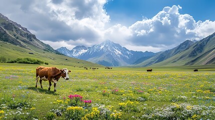 Fototapeta premium Cow walks in pasture dotted with flowers among mountains. Vast field of flowers complemented by livestock makes lovely rural picture in valley