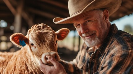 Closeup shot of a male Caucasian rancher applying an RFID tag to a calf in the corral.