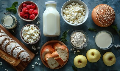 jewish holiday shavuot symbols on blue background flat lay top view dairy products milk bottle bread fruits wheat.
