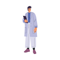 Doctor Man Character in Coat with Clipboard Working in Hospital Vector Illustration