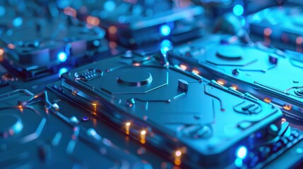 A close up of a computer hard drive with a blue background