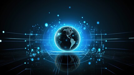Obraz premium Digital globe with blue glowing lines and dots on dark background.