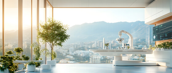 Smart healthcare facility with robotic surgery, depicting tech-driven health.