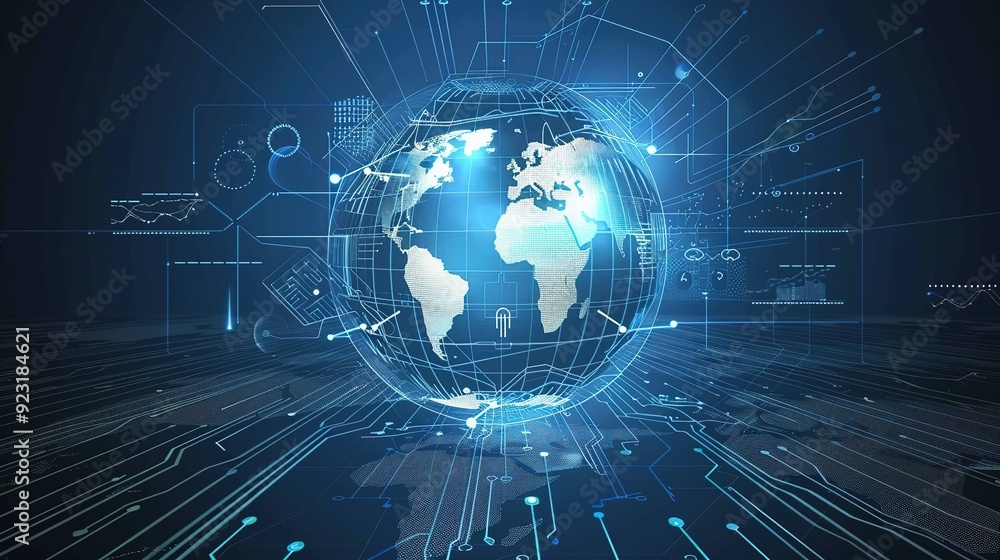 Wall mural digital globe with circuit board design, representing global connectivity.