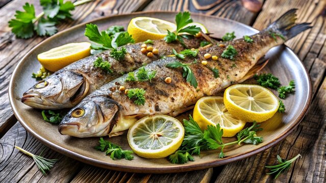Close up of grilled and seasoned Forelle fish with lemon