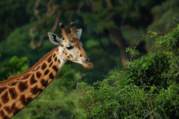 Obraz premium a giraffe gracefully browsing on leaves in a serene, sunlit savanna. Great for wildlife conservation campaigns and decorative wall art.