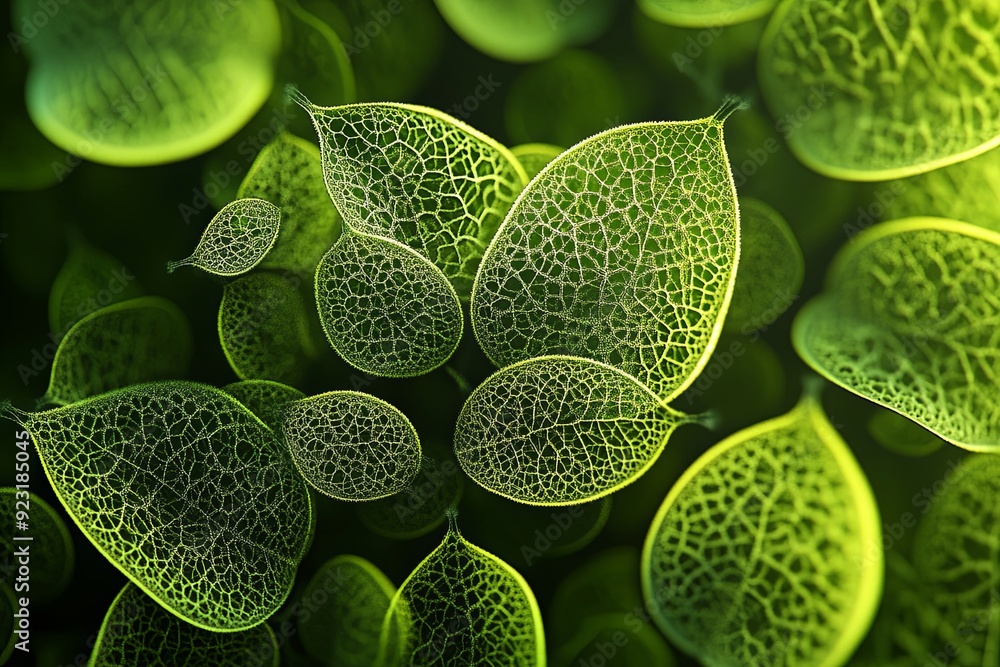 Poster close-up view of intricate green leaves showcasing fine vein patterns, beautifully illuminated in so