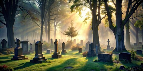 Graveyard with tombstones surrounded by trees and mist , cemetery, burial, death, tombstone, spooky, eerie, dark