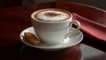  Rich cappuccino with foamy milk and a sprinkle of cocoa powder, served in a white porcelain cup on a saucer, accompanied by a biscotti and folded red napkin on a polished wooden table