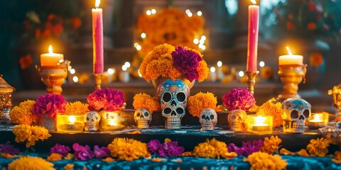 Naklejka premium Day of the Dead altar with colorful sugar skulls and candles, vibrant and festive
