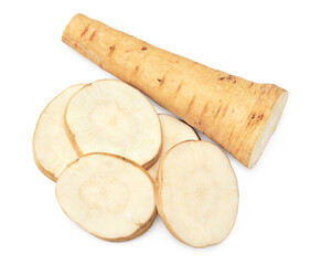 sliced parsnip root isolated on white background. clipping path