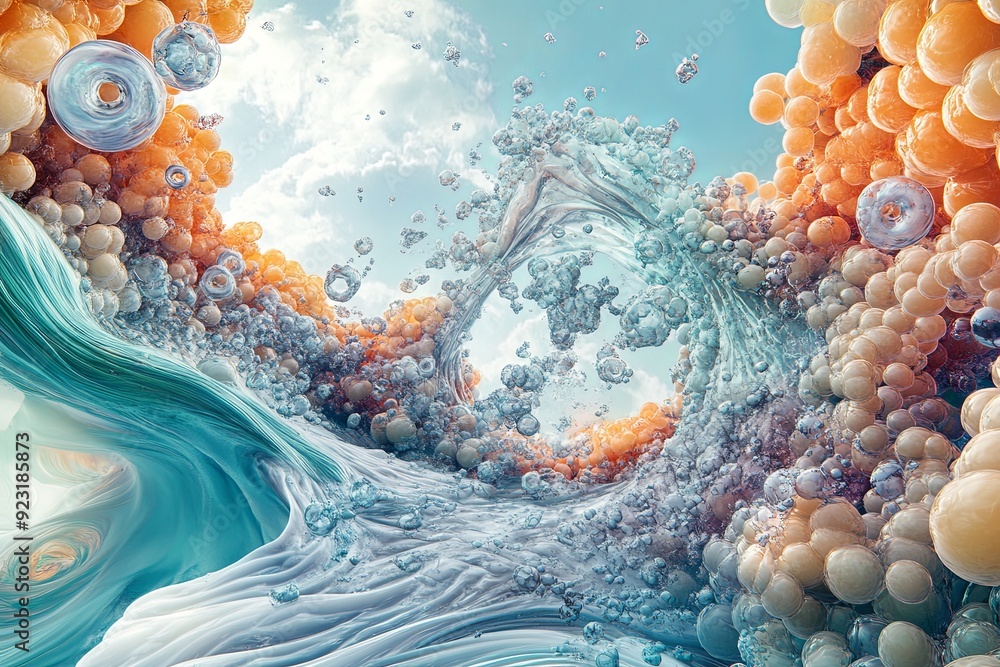 Poster colorful abstract composition featuring flowing waves and bubbles against a bright sky with clouds. 
