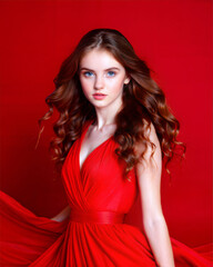 Fototapeta premium Young woman in red dress posing against red background