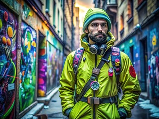 Obraz premium Modern Urban Explorer: Neon colors, graffiti badges, urban landscapes, streetwise gear