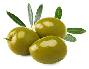 Marinated green olives with green leaves isolated on white background. clipping path