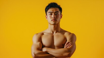 Muscular Asian Male with Serious Expression Against Yellow Background