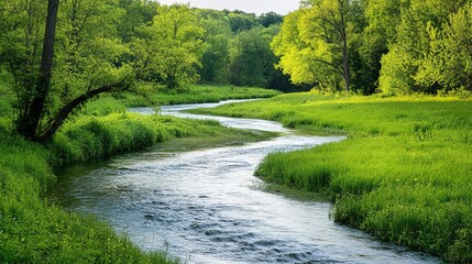Tranquil nature view featuring meandering river through lush grassy landscape beauty with green trees and clear water ideal for capturing essence of peaceful outdoor environments of forest parks 