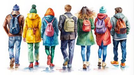 Colorful watercolor of diverse people in fashionable coats and backpacks , urban, fashion, social diversity, watercolor,group