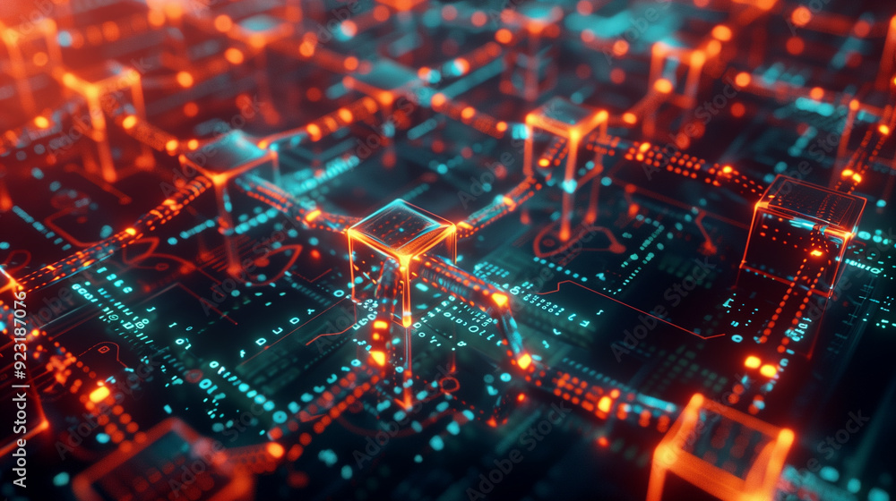 Poster a detailed visual of blockchain transactions with interconnected blocks, secure chains