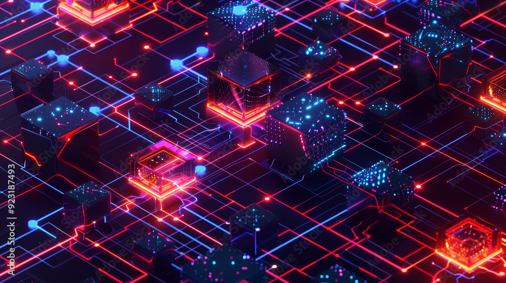 Poster a detailed visual of blockchain transactions with interconnected blocks, secure chains