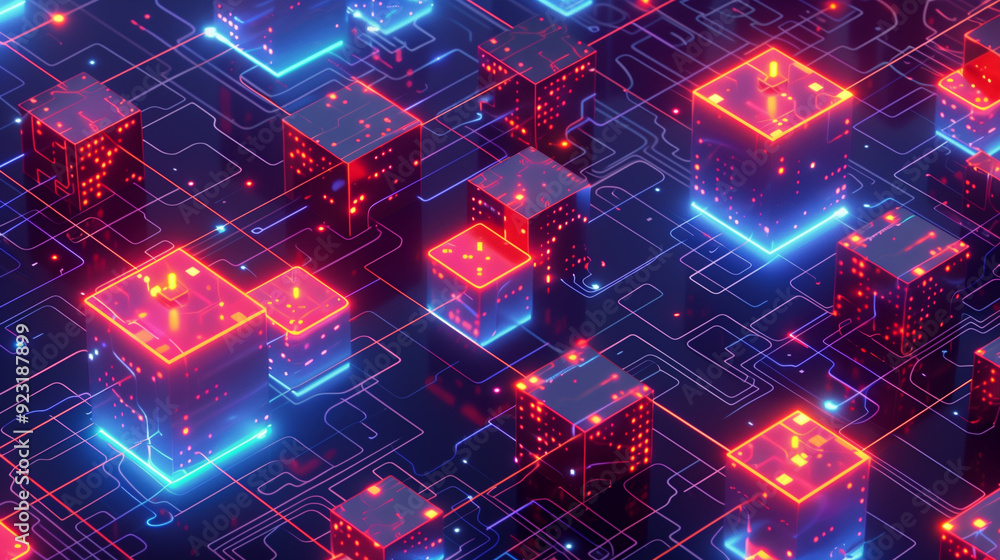 Poster a detailed visual of blockchain transactions with interconnected blocks, secure chains