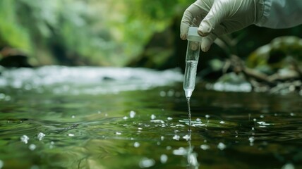 Close-up of a test tube filling with water as a scientist collects a sample from a river