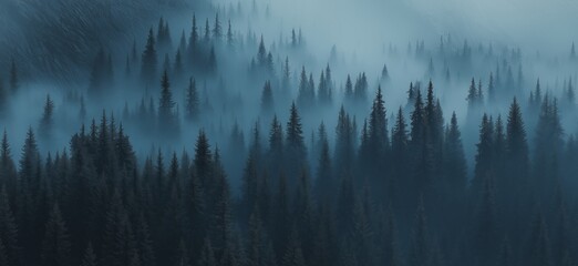 Misty forest. Foggy mountains. Misty spruce landscape banner