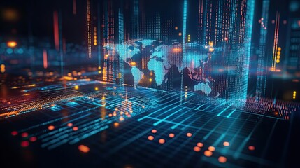 Obraz premium Digital World Map Visualization with Abstract Data Flow Background