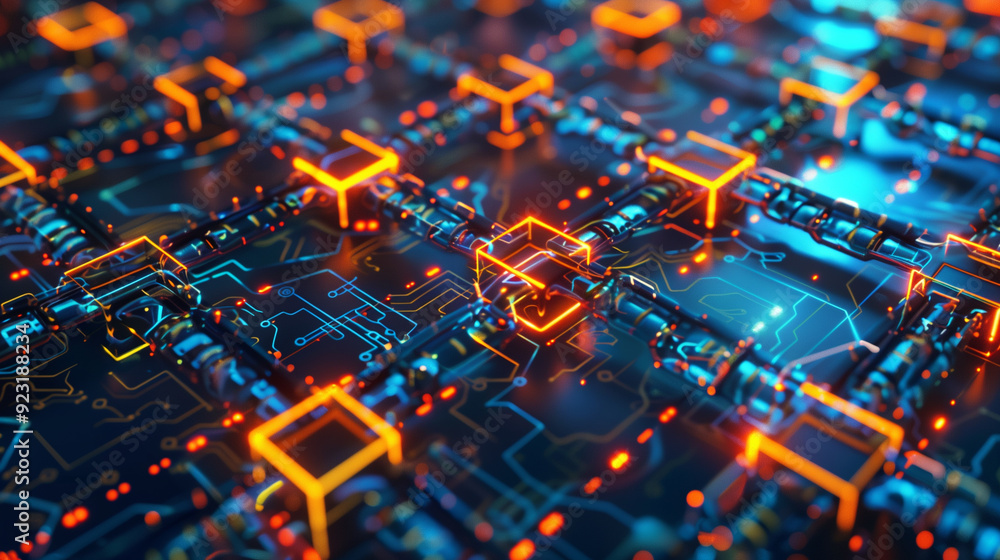 Poster a detailed visual of blockchain transactions with interconnected blocks, secure chains