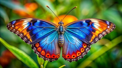 Naklejka premium Colorful butterfly with a blue wing and orange and red spots, butterfly, colorful, blue, orange, red, wing, spots, pattern
