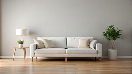 Simple living room with a white sofa against a flat background, white sofa, living room, minimalist